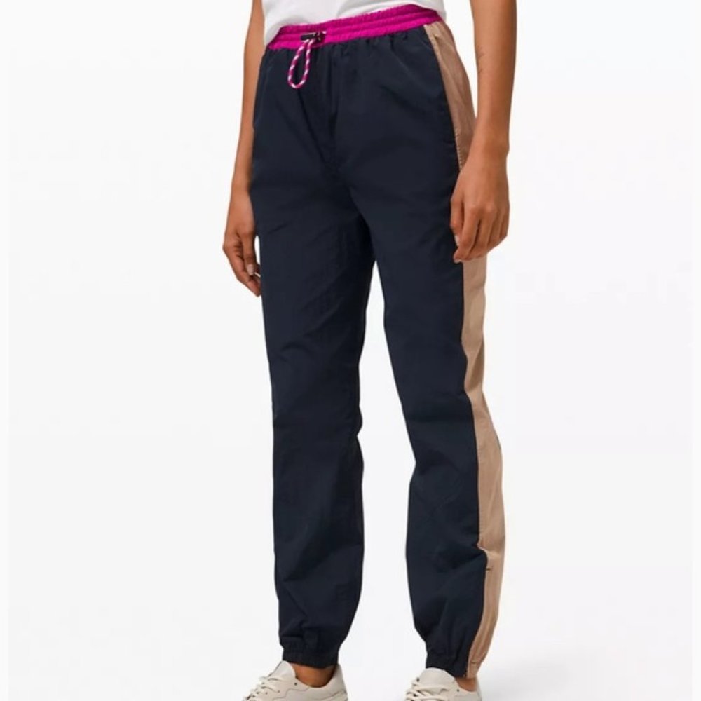 lululemon athletica Navy Track Joggers with Tan Side Stripe & Pink Waist